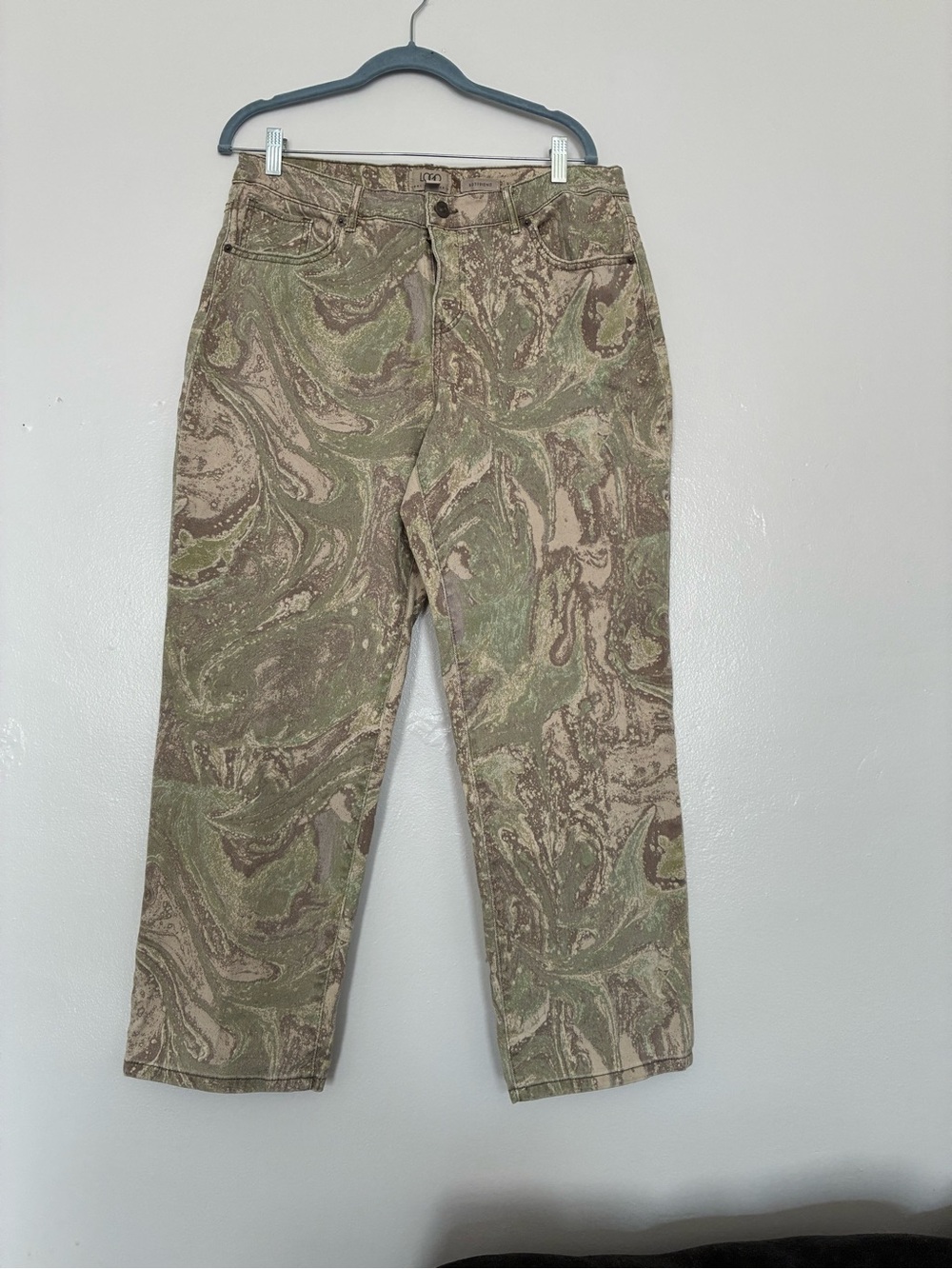 LOGO camo pants with green and brown swirl pattern